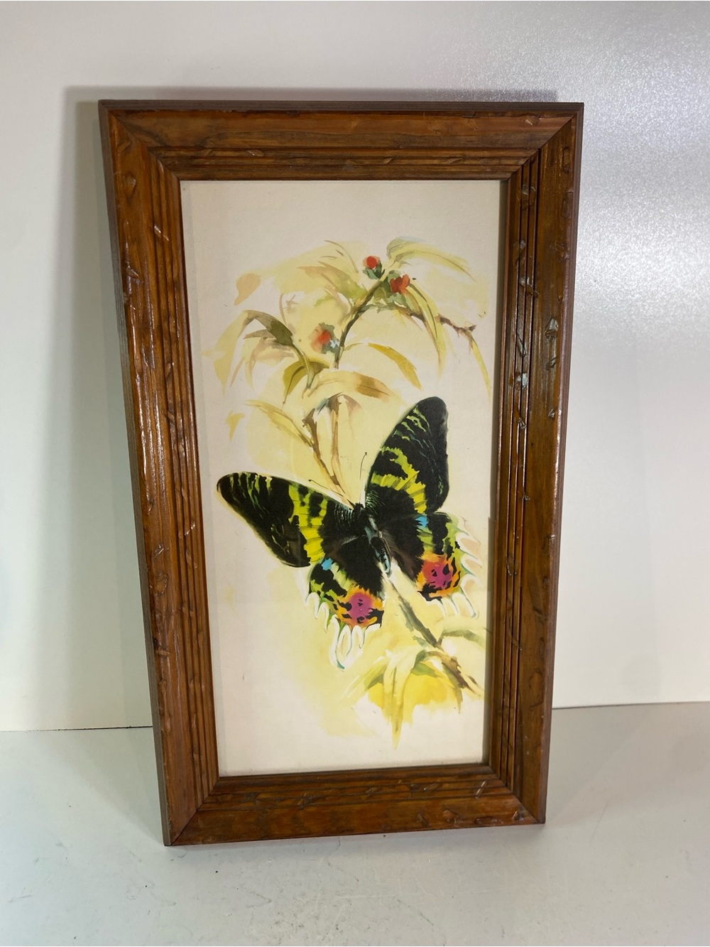 Vintage 80s Butterfly Watercolor Print 
In Rustic Wooden 10”x18.5” Frame